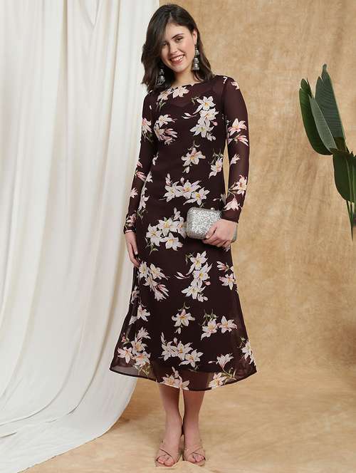 globus women mauve boat neck long sleeves floral print semi sheer midi a-line party dress - 22174025 -  Standard Image - 0