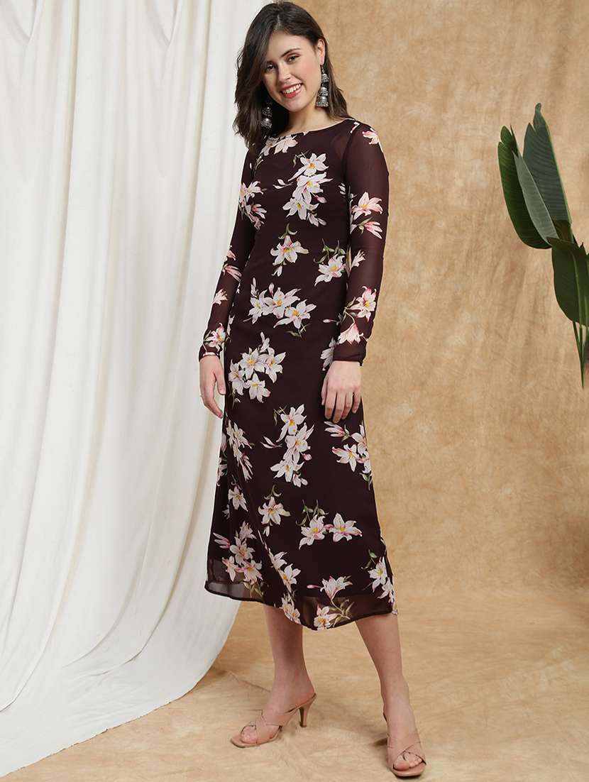 globus women mauve boat neck long sleeves floral print semi sheer midi a-line party dress - 22174025 -  Standard Image - 3