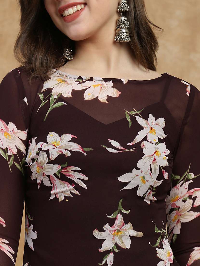 globus women mauve boat neck long sleeves floral print semi sheer midi a-line party dress - 22174025 -  Standard Image - 5