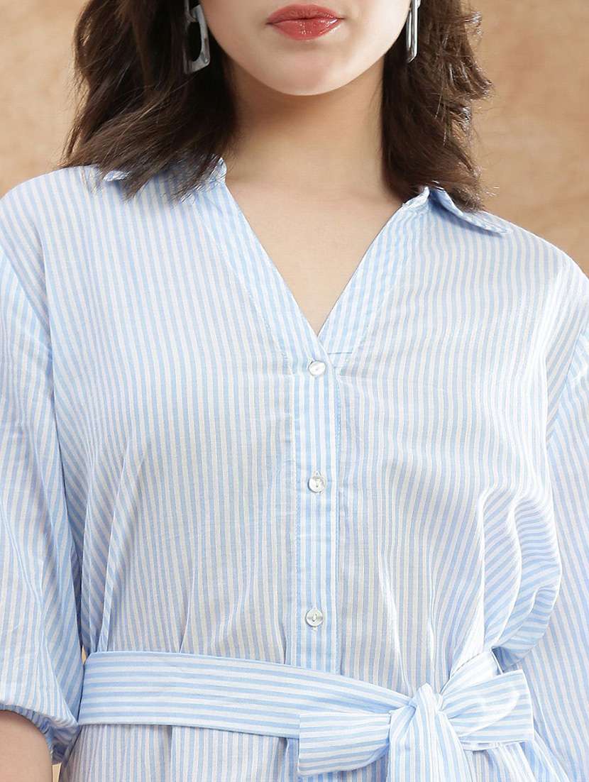 globus women blue collared neck puff sleeves striped midi workwear shirt dress with belt - 22174026 -  Standard Image - 3