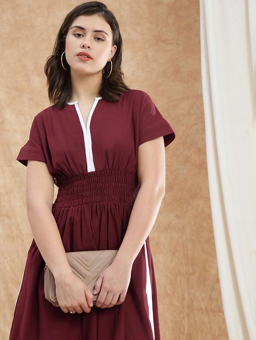 globus women maroon v-neck extended sleeves solid smocked side slit midi fit & flare dress - 22174028 -  Standard Image - 3