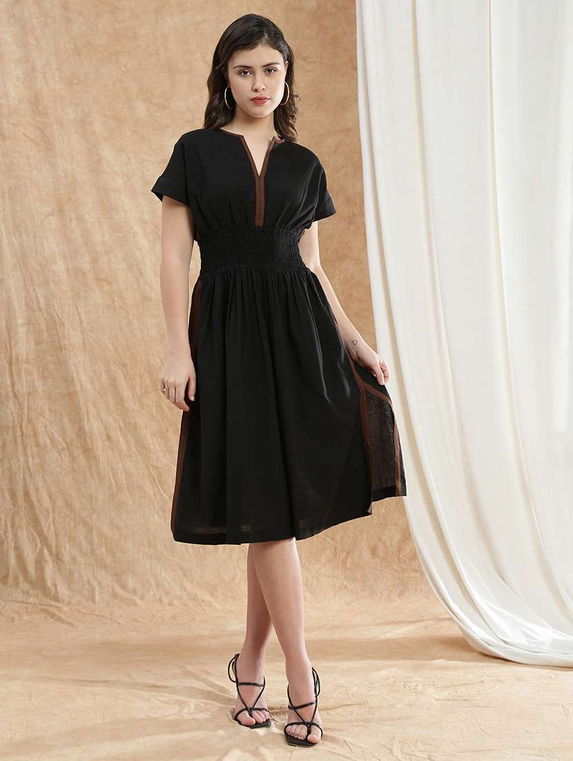 globus women black v-neck extended sleeves solid smocked side slit midi fit & flare dress