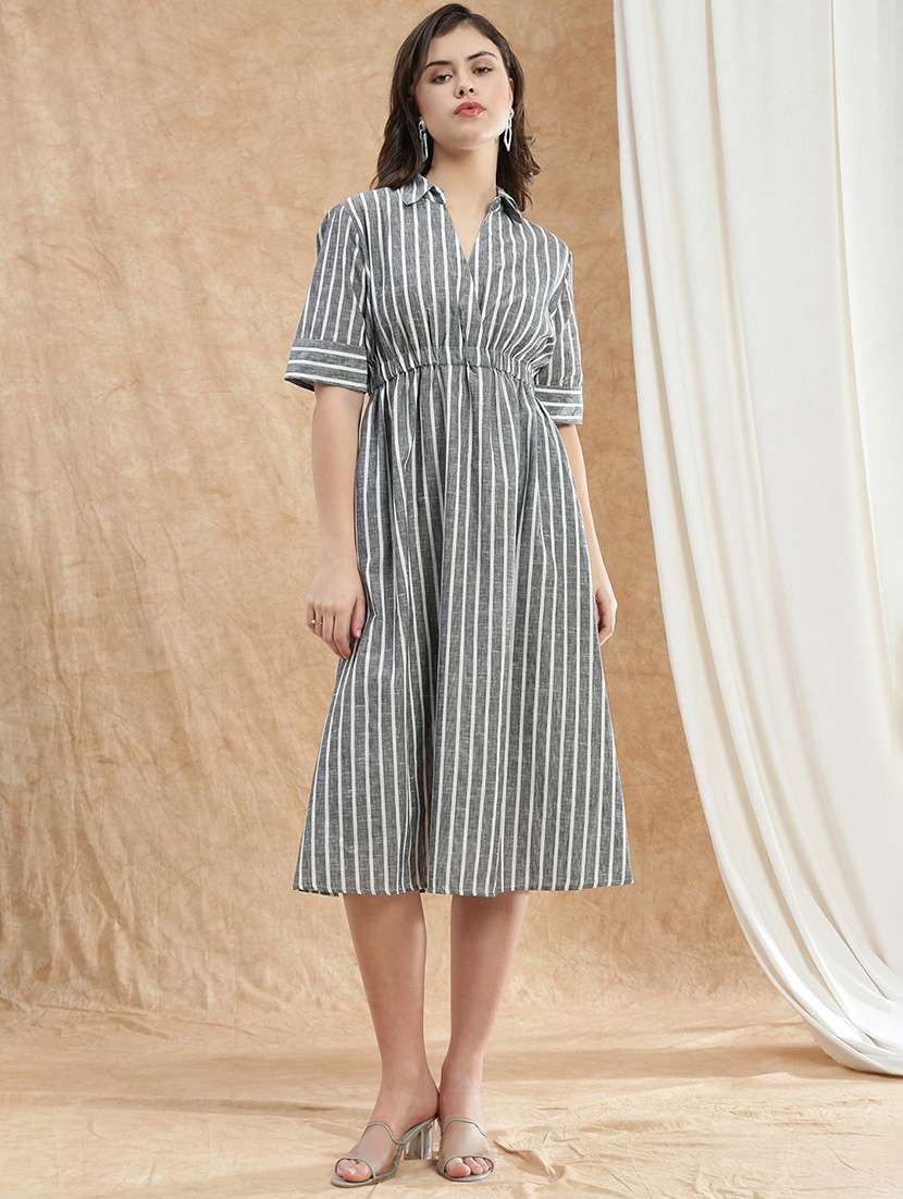 women striped short sleeve fit & flare dress - 22174030 -  Zoom Image - 0