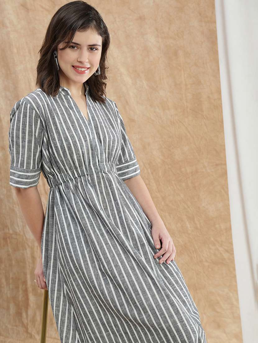 women striped short sleeve fit & flare dress - 22174030 -  Standard Image - 3
