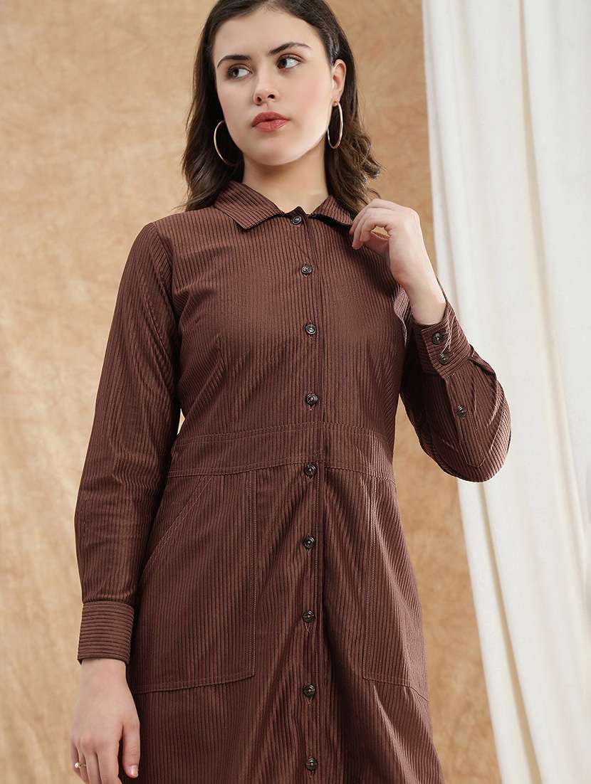 globus women brown collared neck cuffed sleeves self design utility pockets mini workwear shirt dress - 22174034 -  Zoom Image - 0