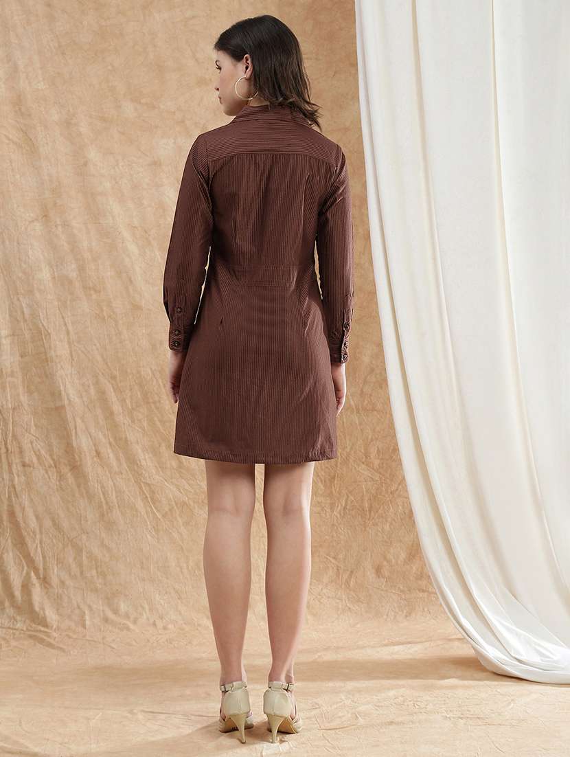 globus women brown collared neck cuffed sleeves self design utility pockets mini workwear shirt dress - 22174034 -  Standard Image - 3