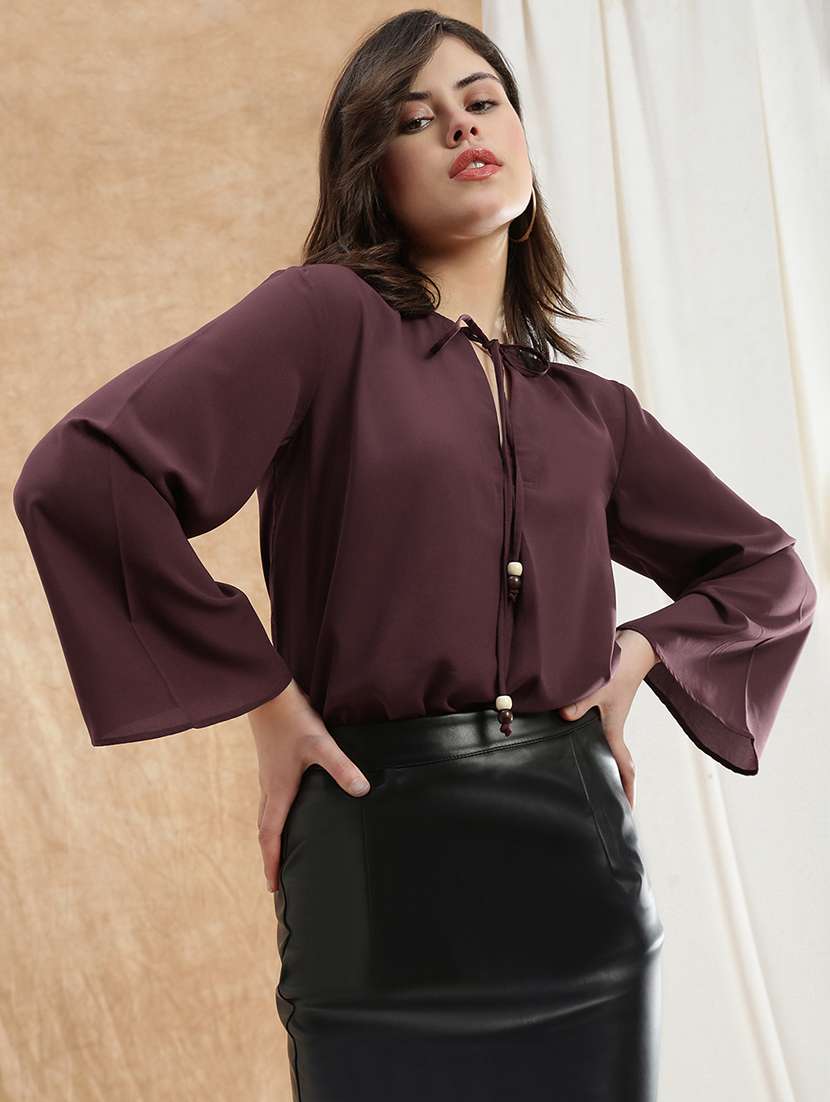 women solid tie-up neck bell sleeve regular top - 22174040 -  Zoom Image - 0