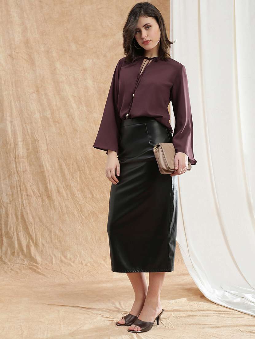 women solid tie-up neck bell sleeve regular top - 22174040 -  Standard Image - 3