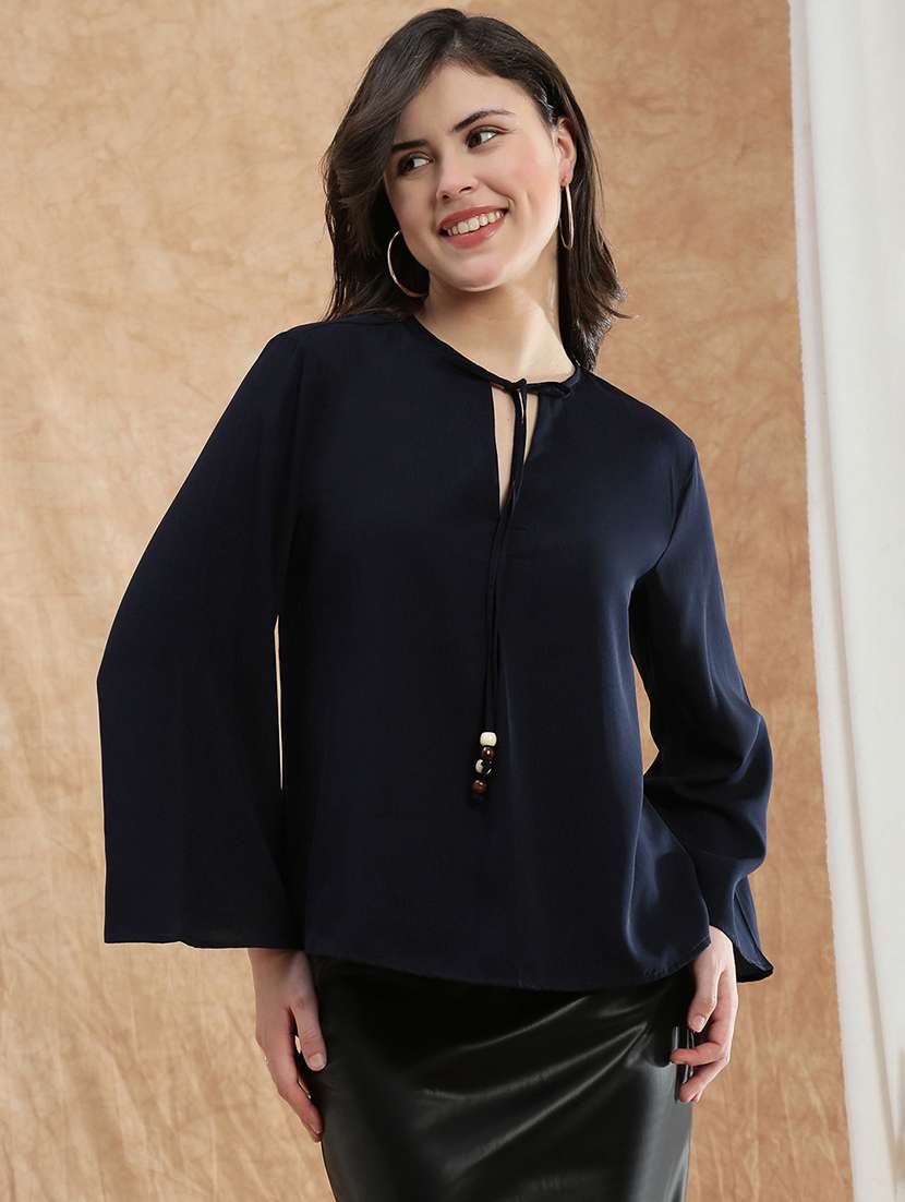 globus women blue tie-up v-neck flared sleeve georgette formal top