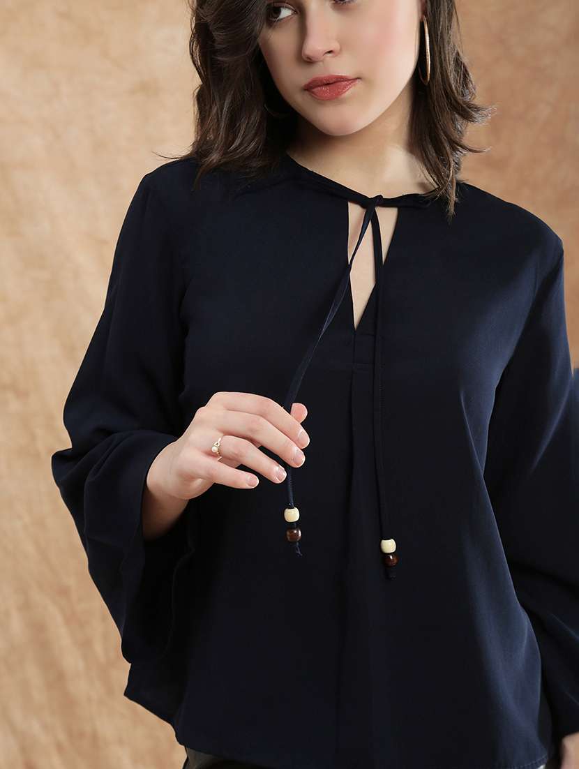 women solid tie -up neck bell sleeve regular top - 22174041 -  Standard Image - 5