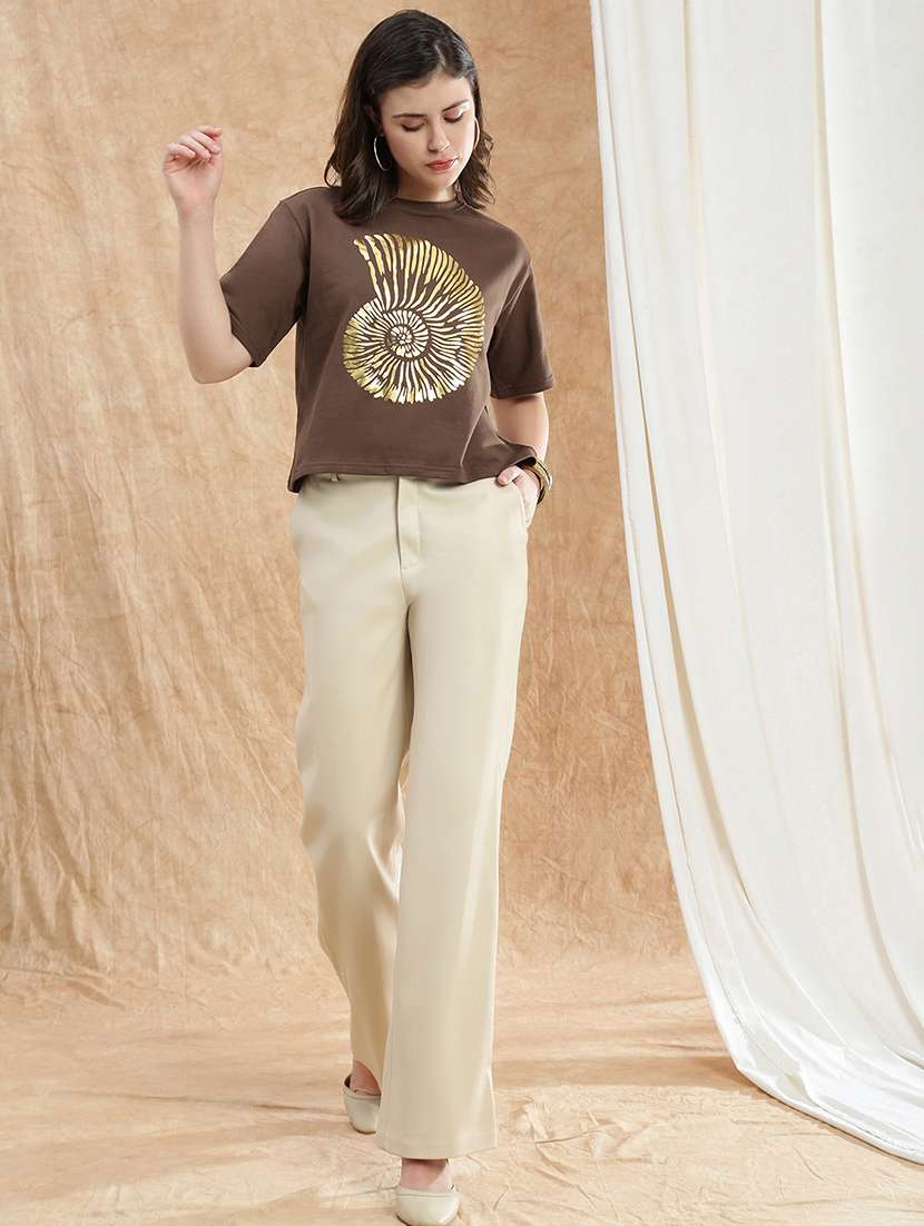 globus women brown gold foil graphic print round neck drop shoulder sleeves boxy crop t-shirt - 22174042 -  Standard Image - 3