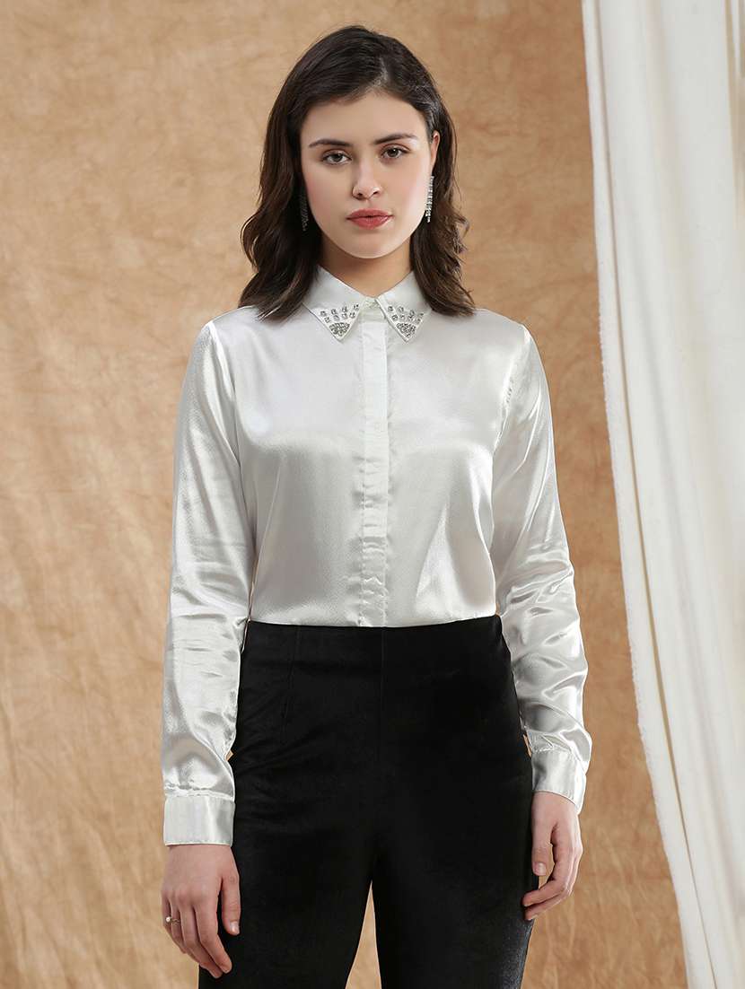globus women off white embellished spread collar cuffed sleeve satin party shirt