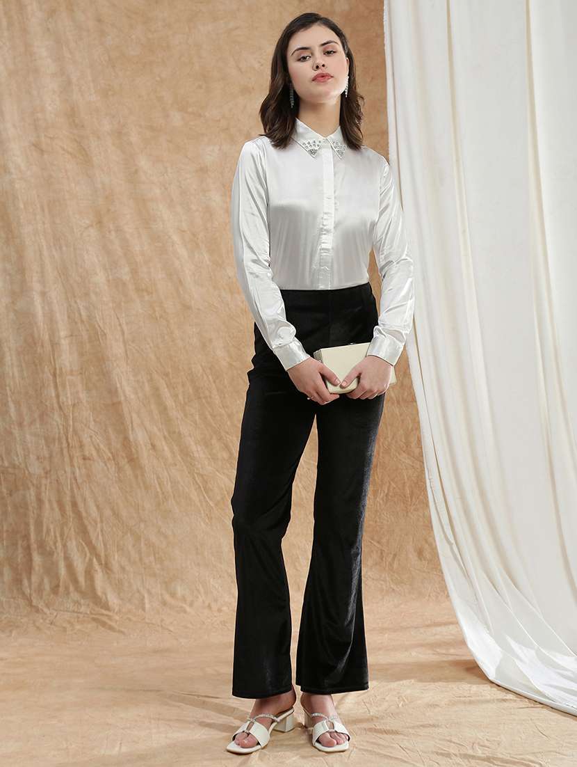 globus women off white embellished spread collar cuffed sleeve satin party shirt - 22174043 -  Standard Image - 3