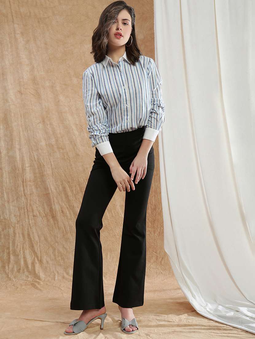 globus women blue striped spread collar cuffed sleeve formal shirt  - 22174045 -  Standard Image - 3