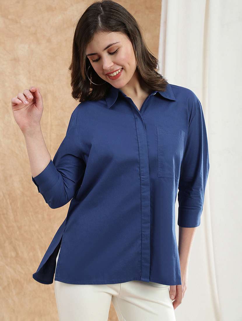globus women blue spread collar cuffed sleeve patch pocket high-low hem oversized shirt  - 22174047 -  Zoom Image - 0