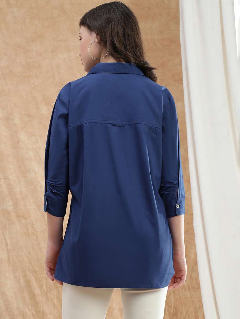 globus women blue spread collar cuffed sleeve patch pocket high-low hem oversized shirt  - 22174047 -  Standard Image - 3