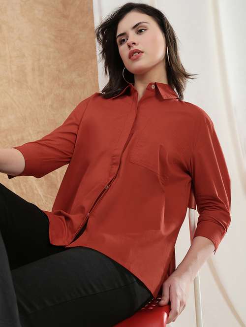 globus women rust spread collar cuffed sleeve patch pocket high-low hem oversized shirt  - 22174048 -  Standard Image - 0