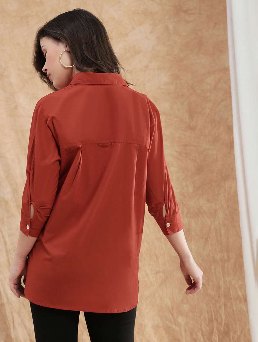 globus women rust spread collar cuffed sleeve patch pocket high-low hem oversized shirt  - 22174048 -  Standard Image - 3