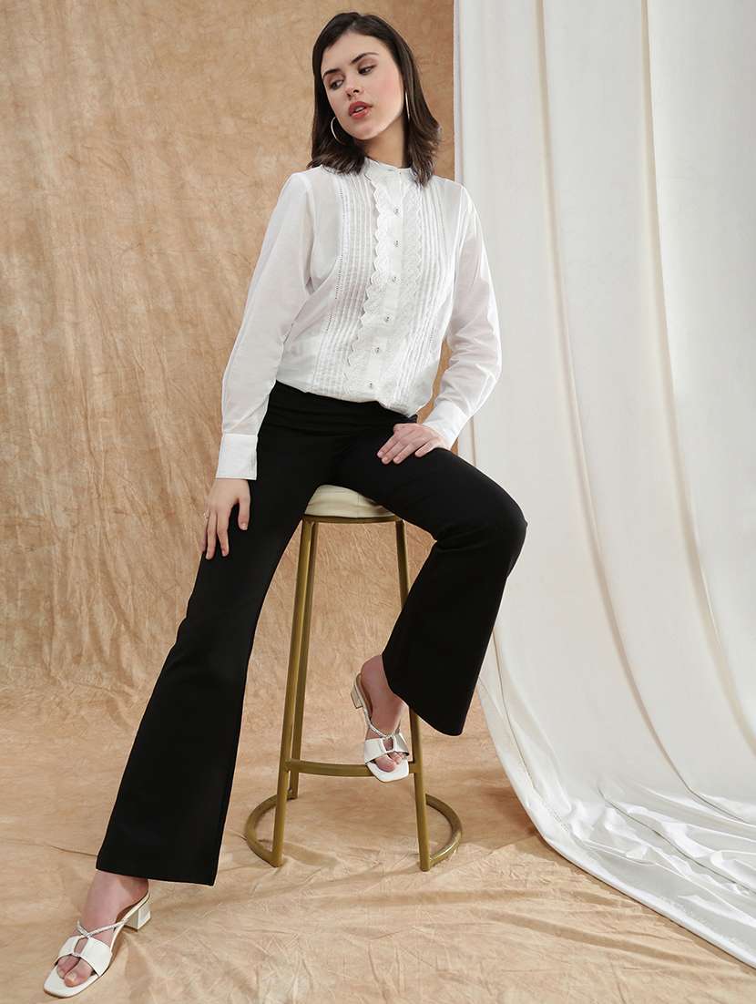 globus women white band collar cuffed sleeve schiffili lace detail pleated shirt - 22174049 -  Standard Image - 3