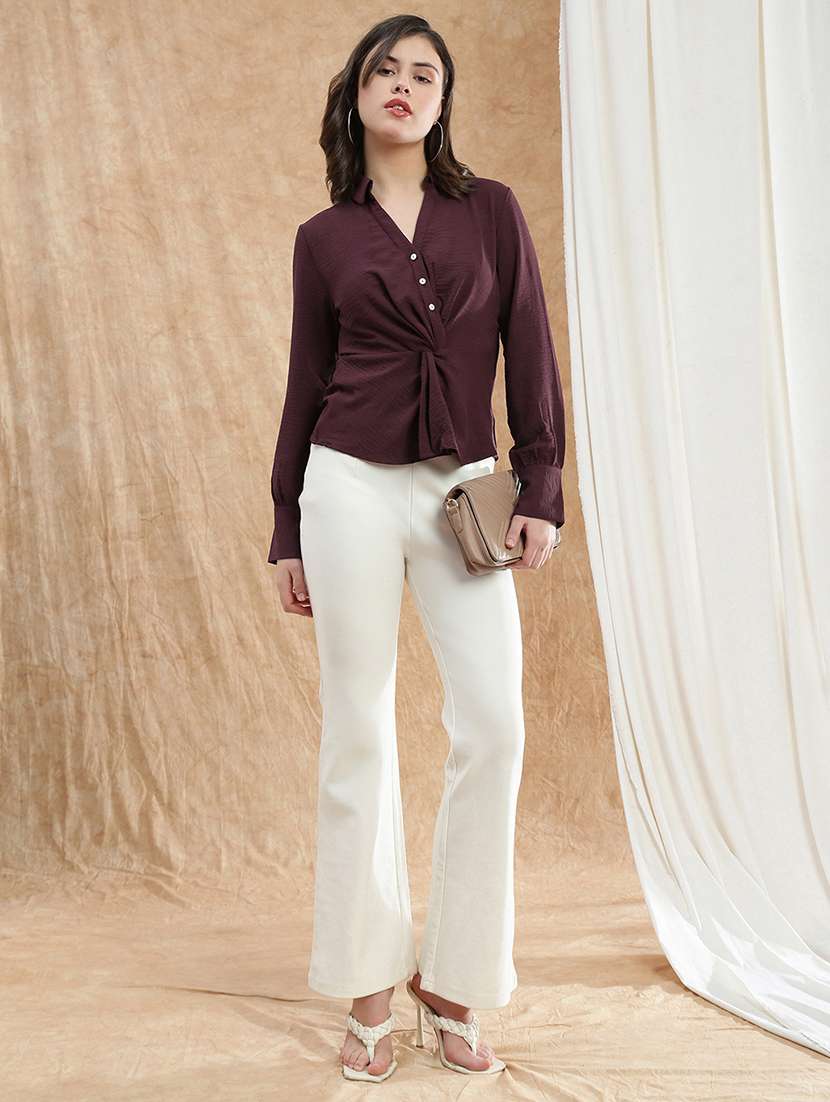 globus women maroon spread collar cuffed sleeve twisted detail formal shirt - 22174050 -  Standard Image - 3
