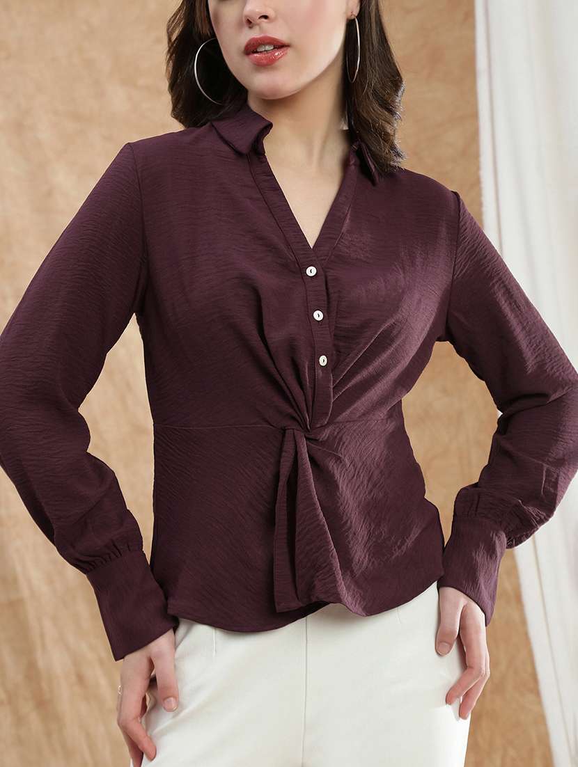 globus women maroon spread collar cuffed sleeve twisted detail formal shirt - 22174050 -  Standard Image - 5
