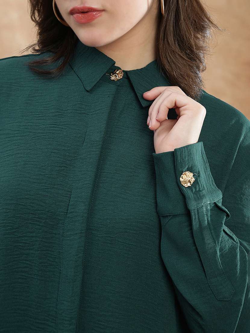 globus women teal spread collar cuffed sleeve curved hem oversized formal shirt - 22174052 -  Standard Image - 5