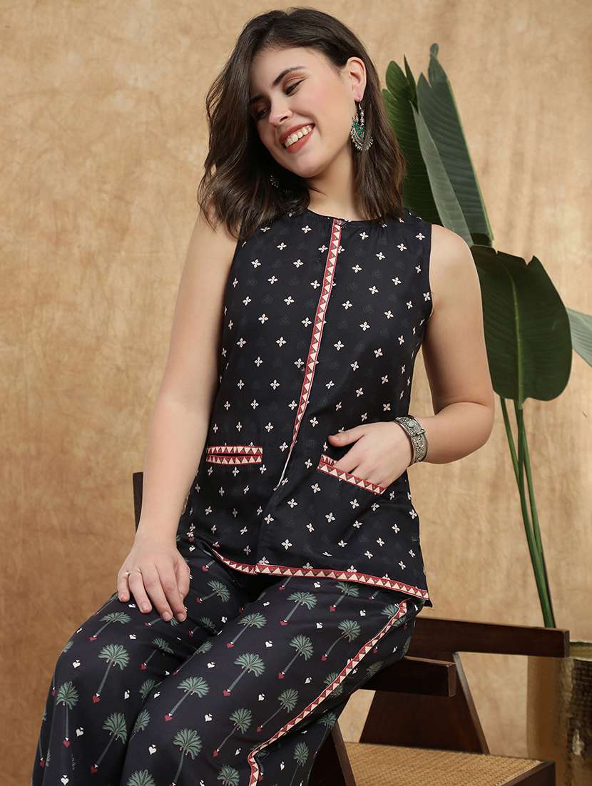 globus women black round neck mandarin collar ethnic print flared tunic & palazzos fusion co-ord set