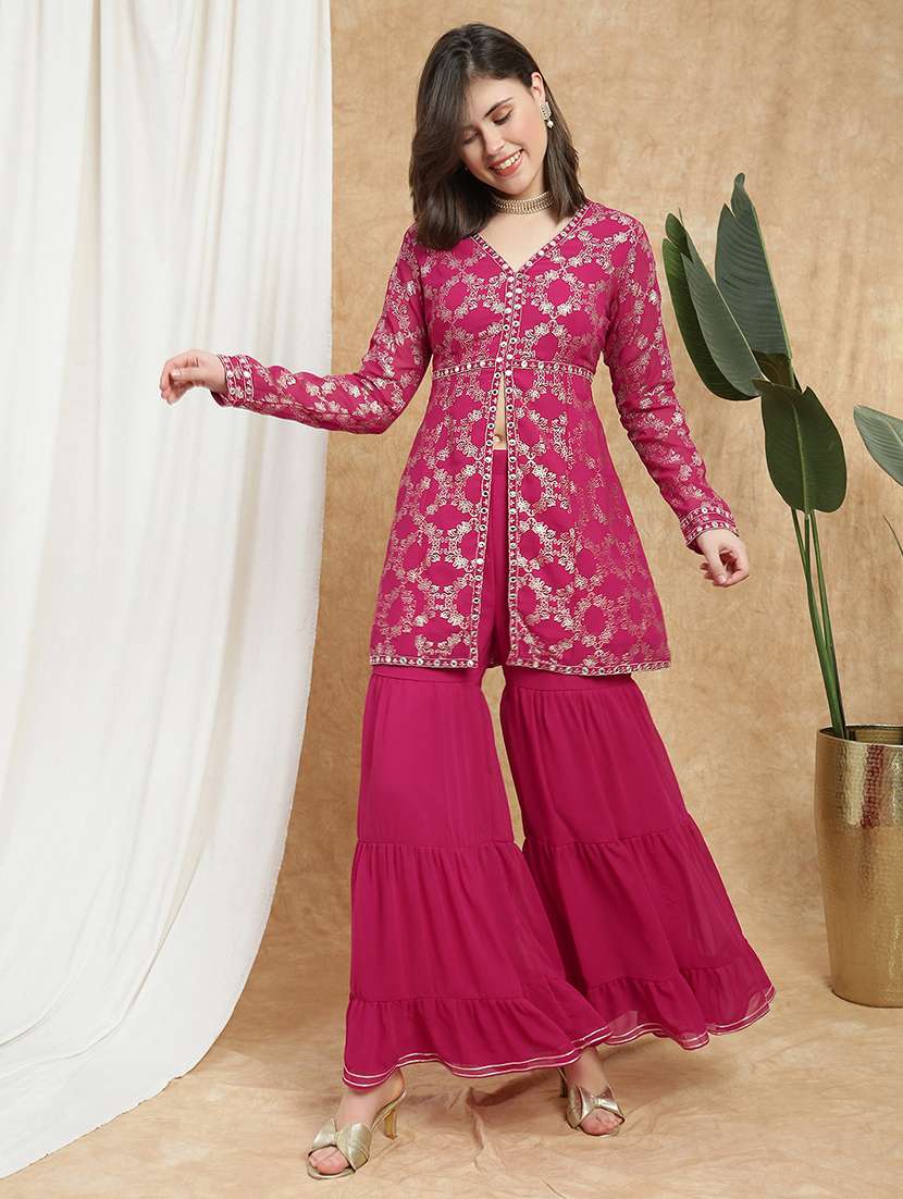 globus women pink v-neck gold foil print & mirror work lace detail a-line tunic & sharara festive co-ord set