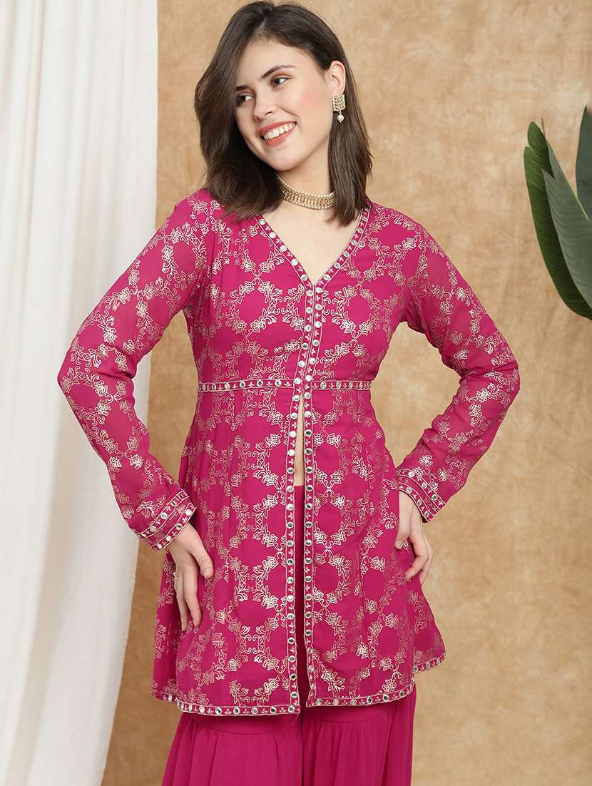 globus women pink v-neck gold foil print & mirror work lace detail a-line tunic & sharara festive co-ord set - 22174055 -  Standard Image - 5