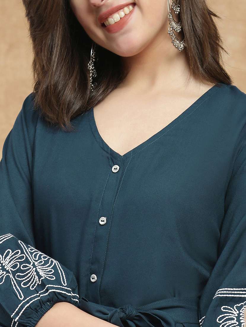 globus women navy blue v-neck bishop sleeves embroidered detail waist tie-ups button-down a-line midi fusion dress - 22174057 -  Standard Image - 3