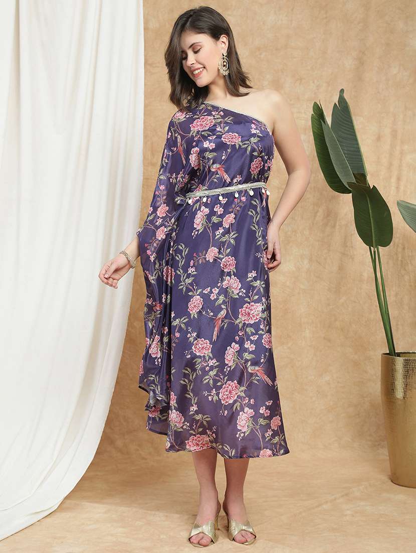 globus women purple floral print one shoulder kaftan embellished tie up detail asymmetric hem maxi dress with belt