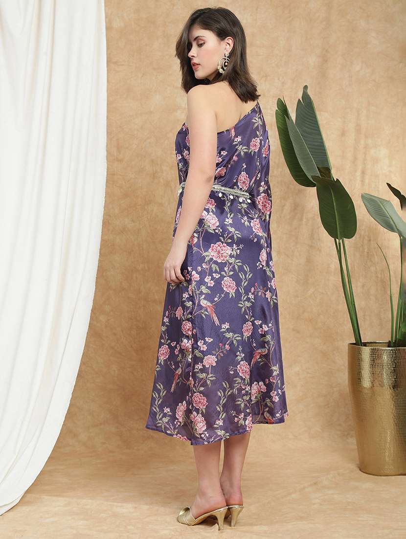 globus women purple floral print one shoulder kaftan embellished tie up detail asymmetric hem maxi dress with belt - 22174058 -  Standard Image - 3