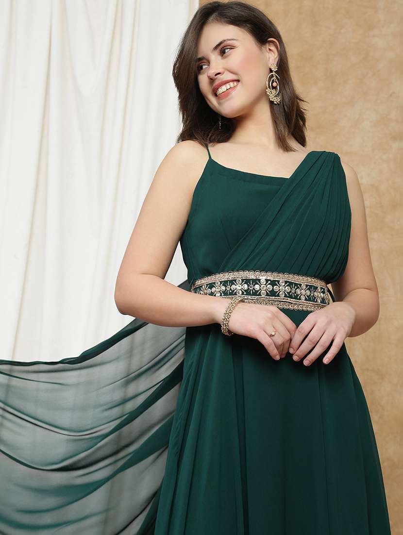 globus women dark green georgette strappy shoulder fit & flare maxi festive draped dress with embroidered belt - 22174059 -  Standard Image - 3
