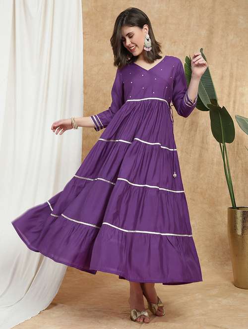 women solid with work three quarter sleeve tiered ethnic dress - 22174060 -  Standard Image - 0