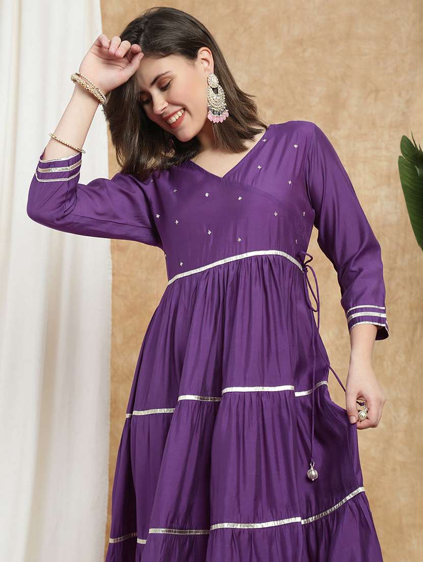 women solid with work three quarter sleeve tiered ethnic dress - 22174060 -  Standard Image - 3