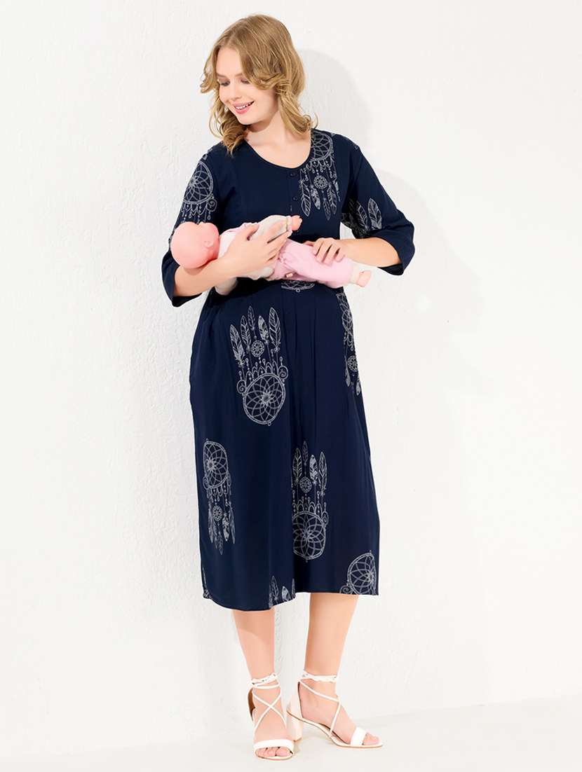 women printed three quarter sleeve maternity wear dress