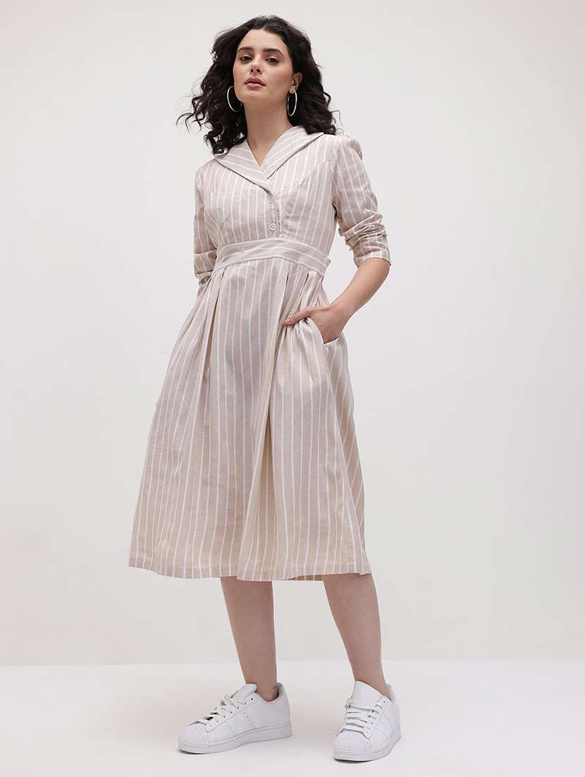 women striped three quarter sleeve a-line dress