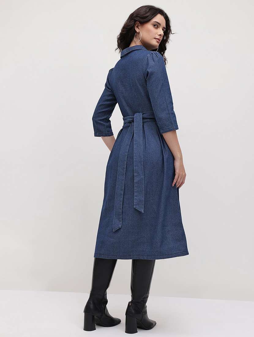 women solid three quarter sleeve dress - 22174099 -  Standard Image - 3