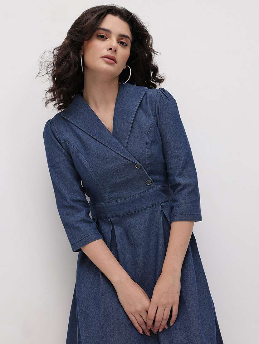 women solid three quarter sleeve dress - 22174099 -  Standard Image - 5