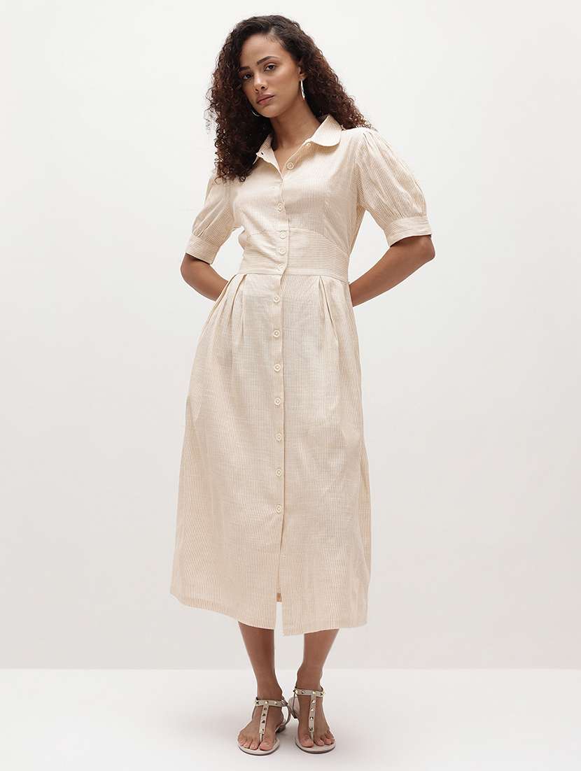 women solid collared puff sleeve shirt dress