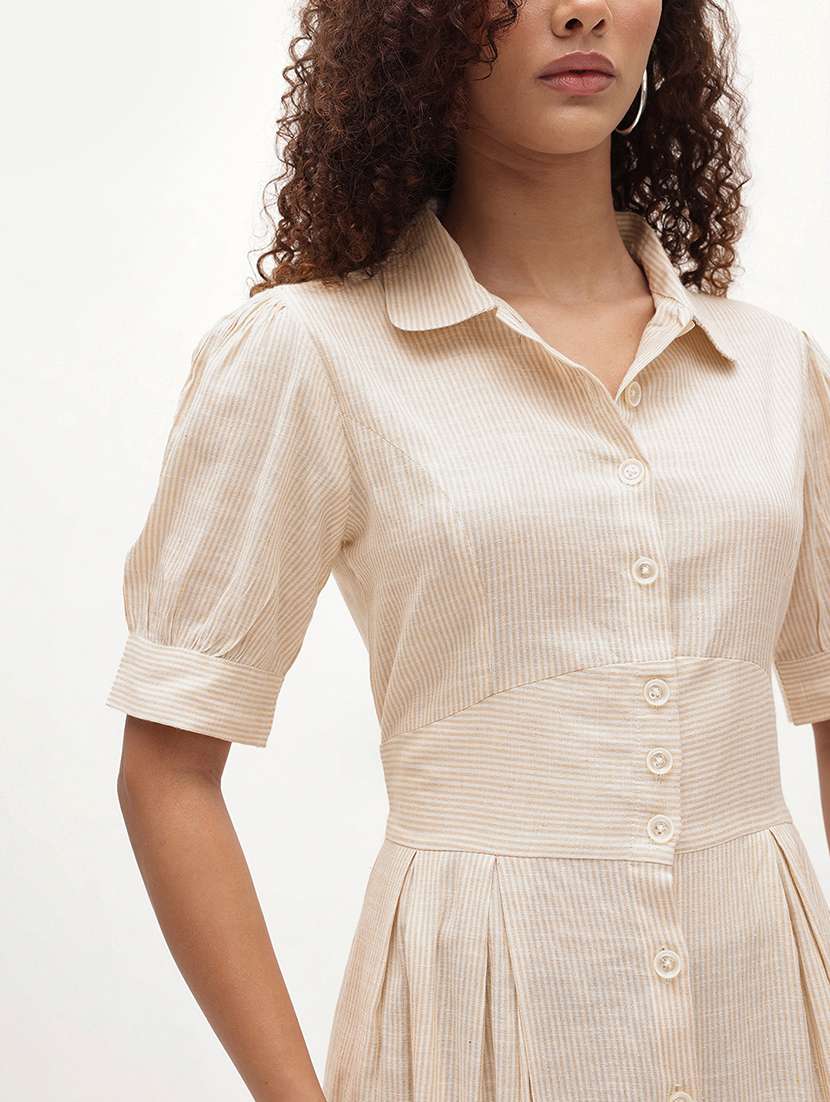 women solid collared puff sleeve shirt dress - 22174102 -  Standard Image - 3