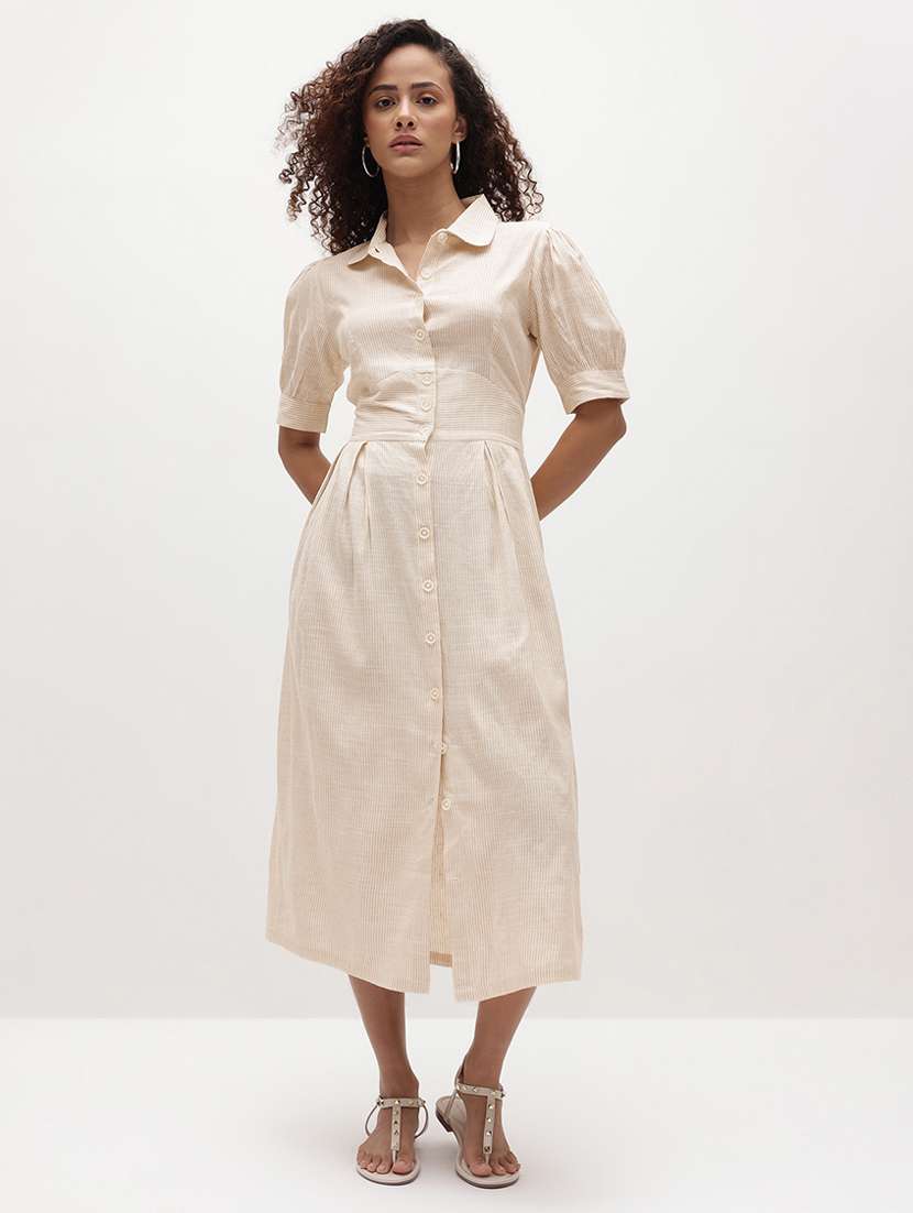 women solid collared puff sleeve shirt dress - 22174102 -  Standard Image - 5