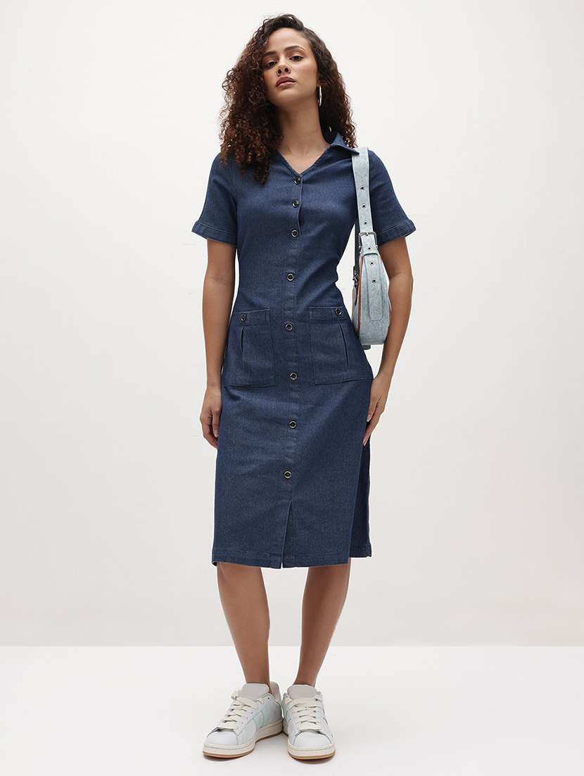 women solid collared short sleeve shirt dress