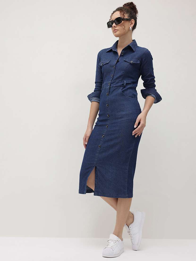 women solid collared long sleeve shirt dress - 22174104 -  Zoom Image - 0