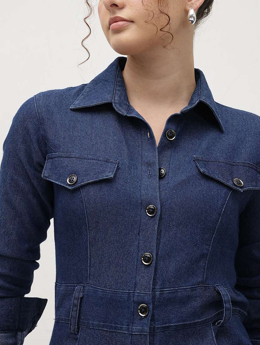 women solid collared long sleeve shirt dress - 22174104 -  Standard Image - 5