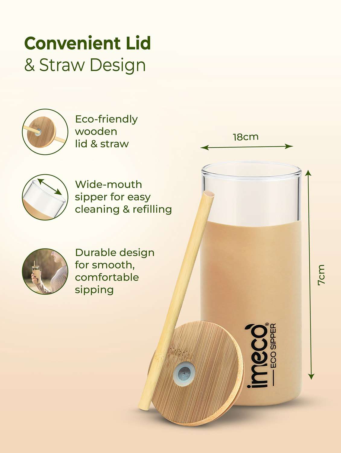 imeco eco-sipper borosilicate glass sipper with bamboo straw 450 ml - peach - 22174105 -  Standard Image - 3