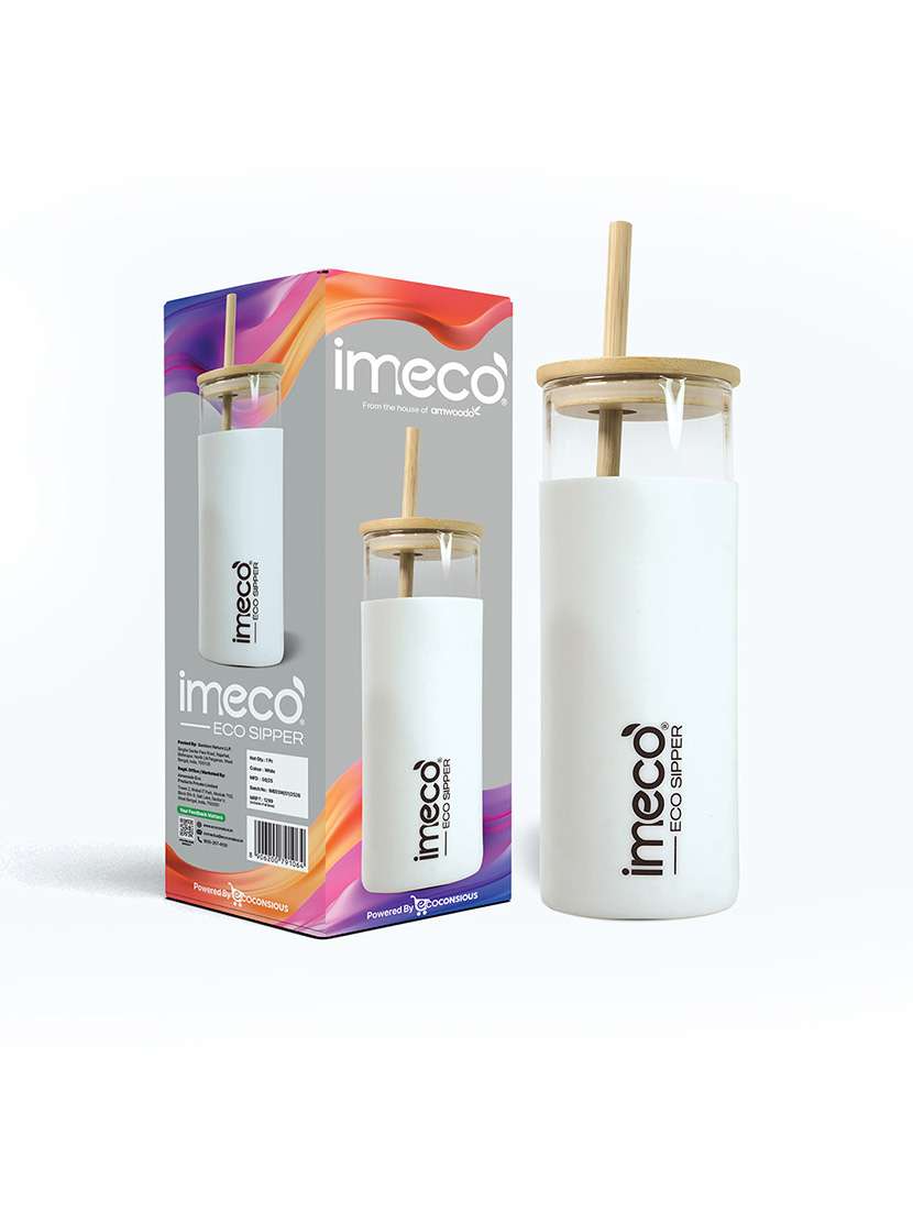 imeco eco-sipper borosilicate glass sipper with bamboo straw 450 ml - peach