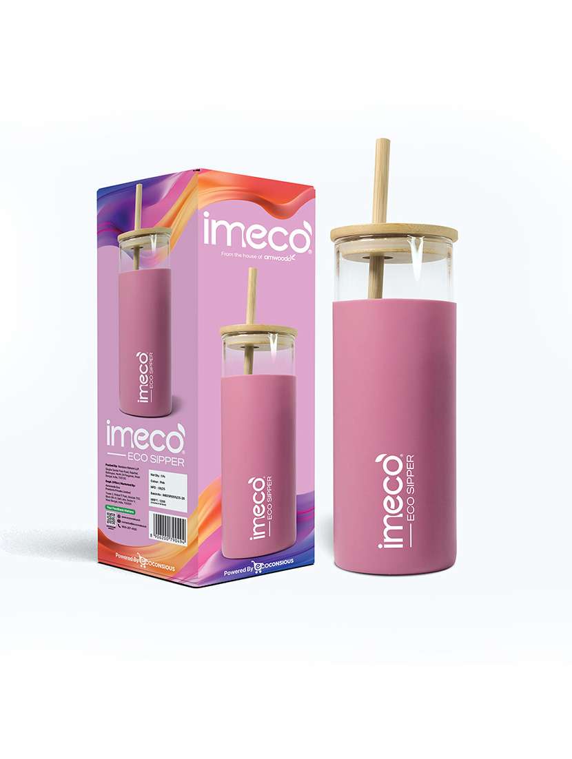 imeco eco-sipper borosilicate glass sipper with bamboo straw 450 ml - peach