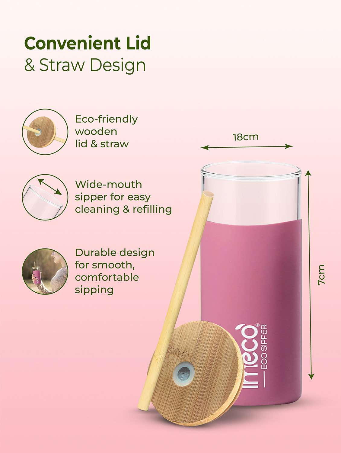 imeco eco-sipper borosilicate glass sipper with bamboo straw 450 ml - peach - 22174108 -  Standard Image - 5