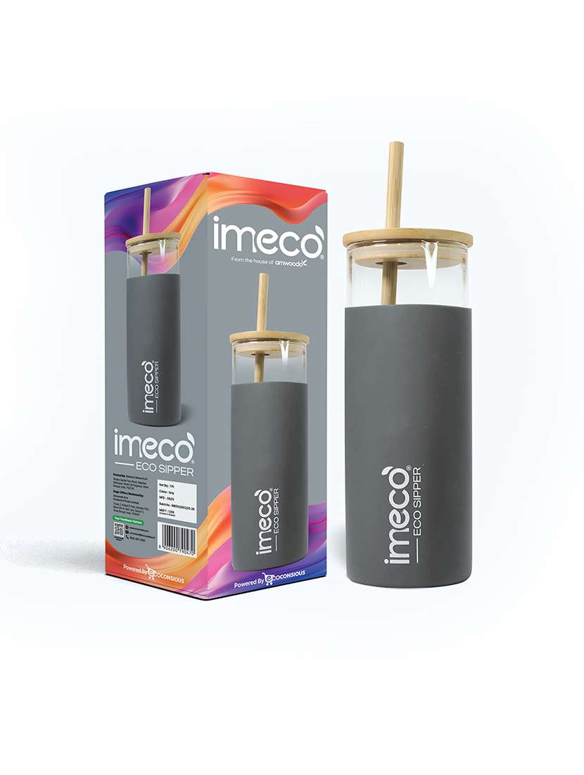 imeco eco-sipper borosilicate glass sipper with bamboo straw 450 ml - peach